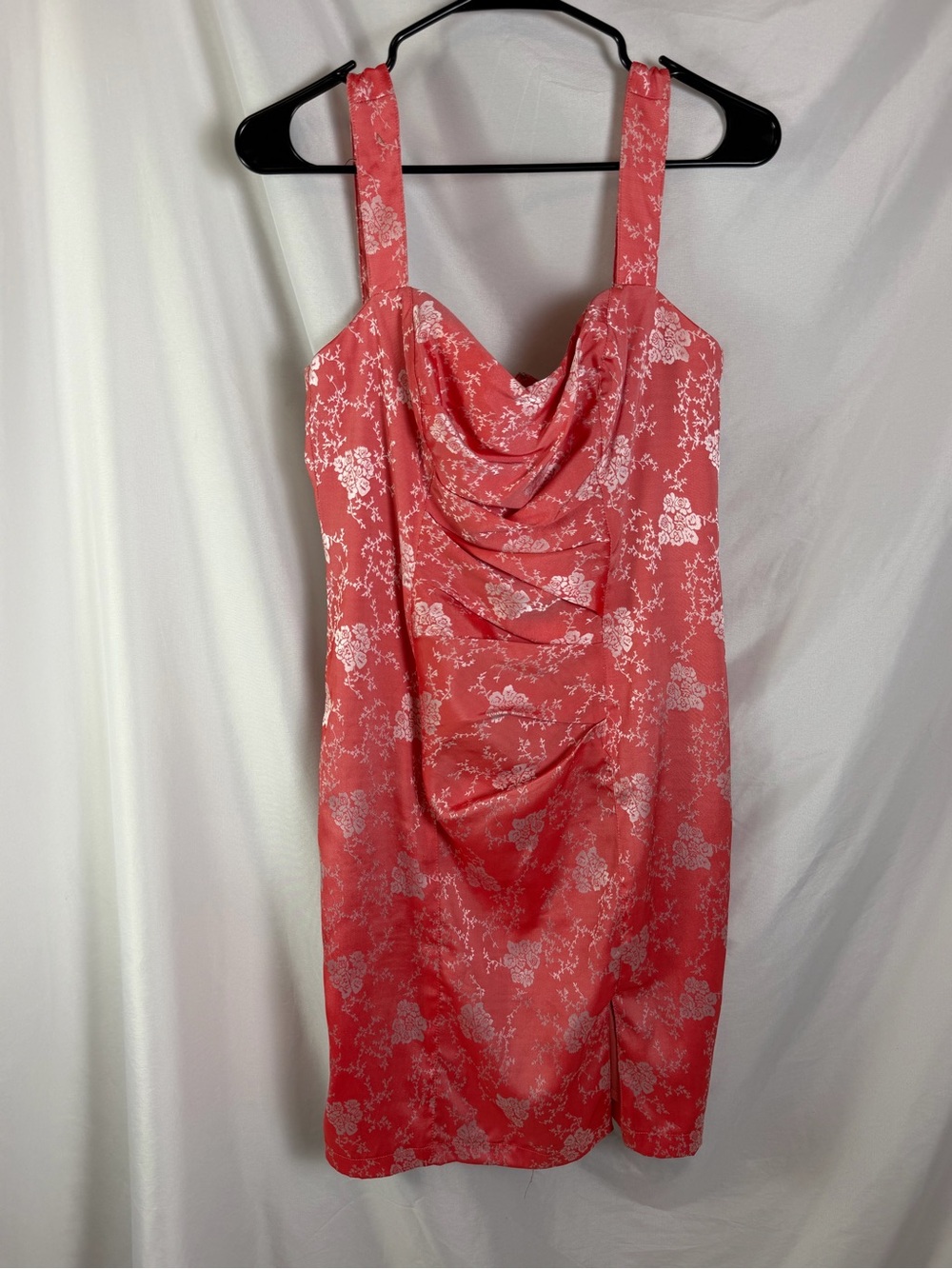 Vintage Jill Stuart Studio Coral Pink Floral Cowl Neck Ruched Bodycon Dress (4) - Picture 2 of 7